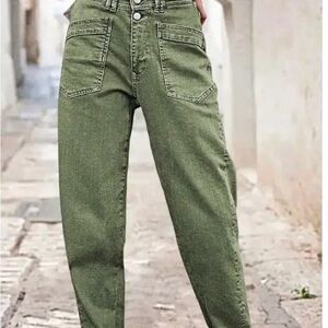 Flamingals NWT Roll Hem Stitch Detail Mid Waist Straight Leg Army Green Sz M